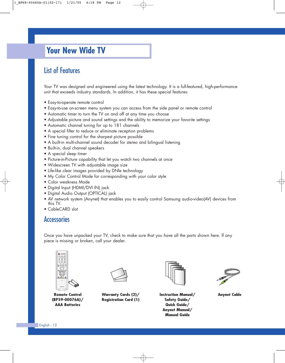 List of features, Accessories, Your new wide tv | Samsung HL-R4677W User Manual | Page 12 / 104