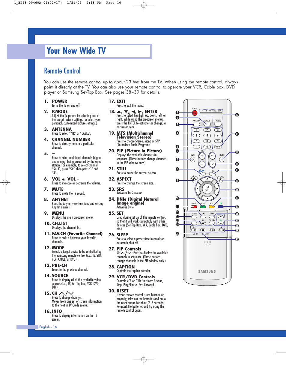 Remote control, Your new wide tv | Samsung HL-R4677W User Manual | Page 16 / 104