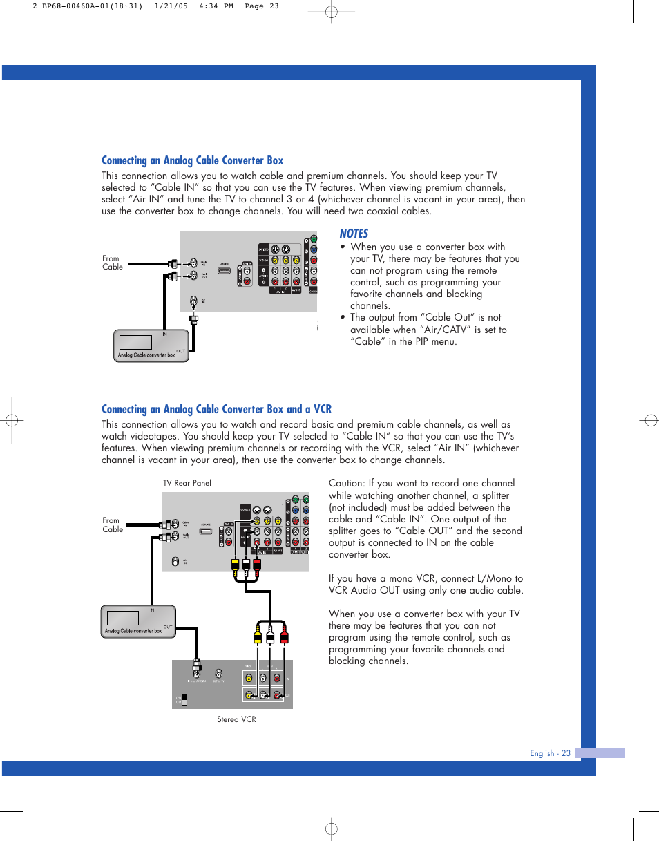 Connecting an analog cable converter box, Connecting an analog cable converter box and a vcr | Samsung HL-R4677W User Manual | Page 23 / 104