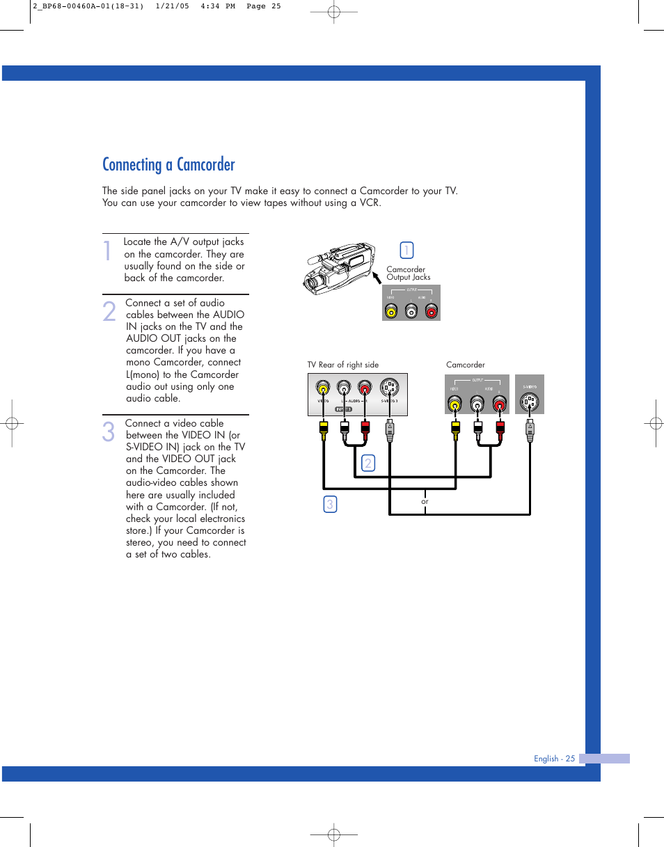 Connecting a camcorder | Samsung HL-R4677W User Manual | Page 25 / 104