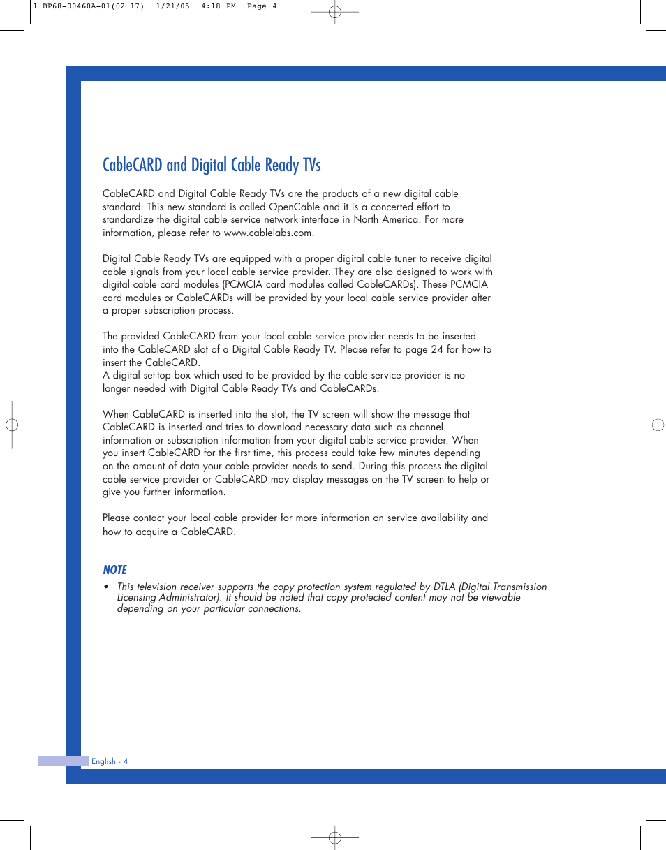 Cablecard and digital cable ready tvs | Samsung HL-R4677W User Manual | Page 4 / 104