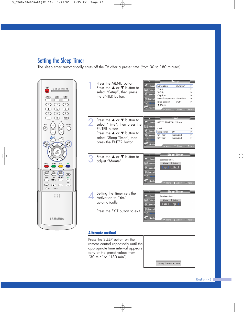 Setting the sleep timer, Alternate method, Press the … or † button to adjust “minute | Samsung HL-R4677W User Manual | Page 43 / 104