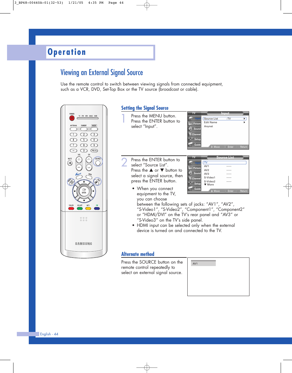 Viewing an external signal source, Operation, Setting the signal source | Alternate method | Samsung HL-R4677W User Manual | Page 44 / 104