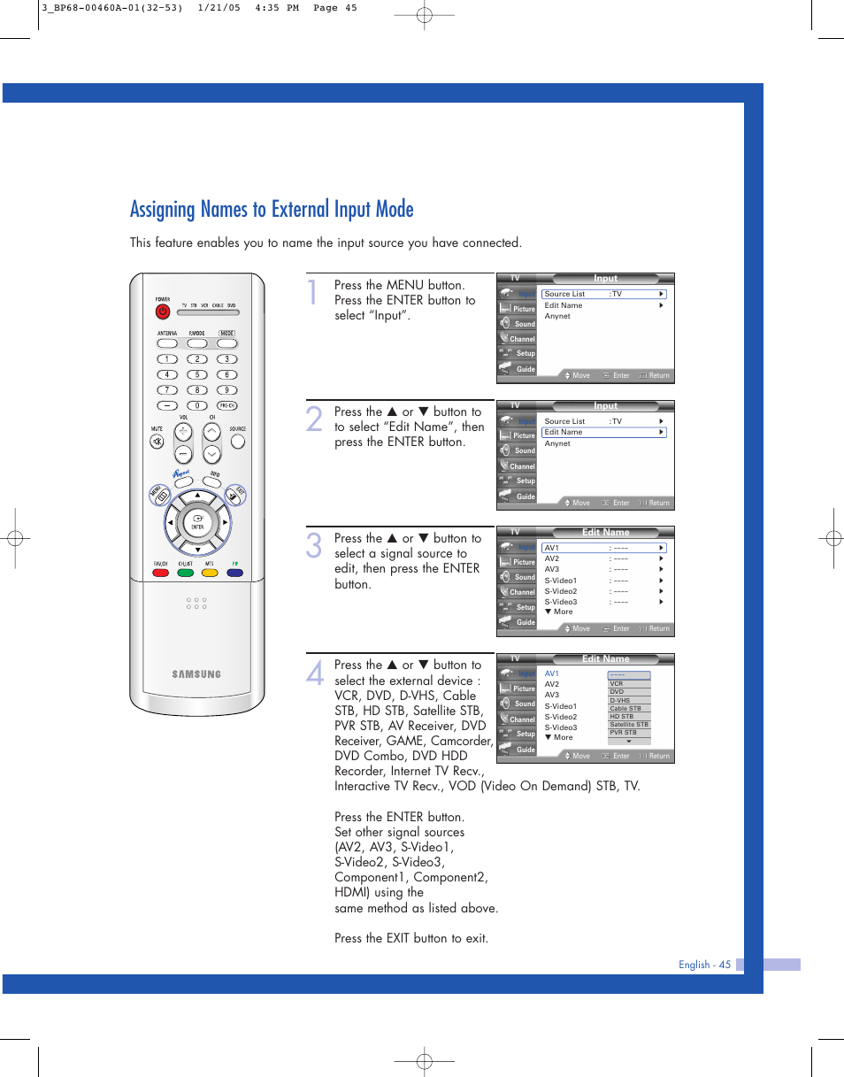 Assigning names to external input mode | Samsung HL-R4677W User Manual | Page 45 / 104