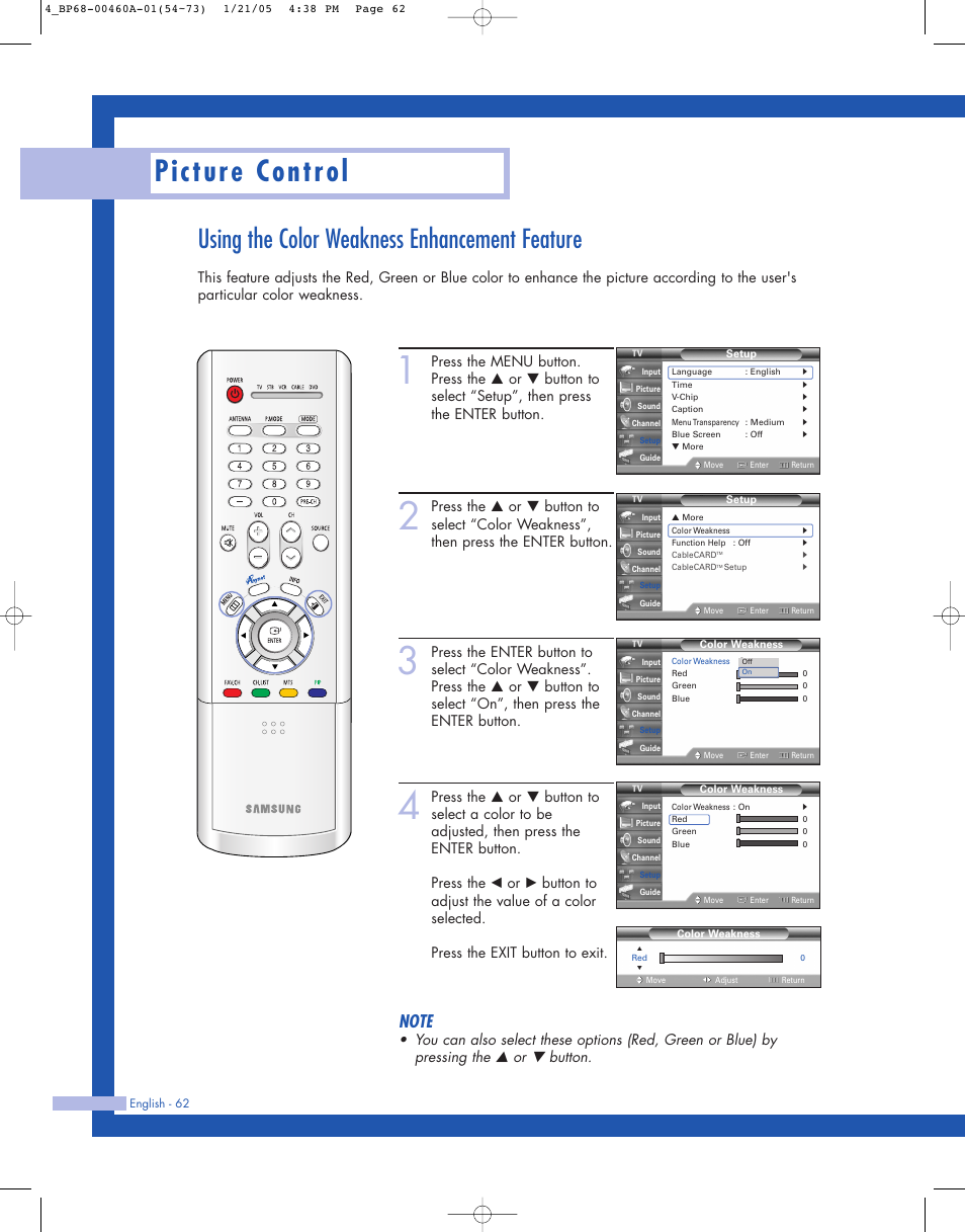 Using the color weakness enhancement feature, Picture control | Samsung HL-R4677W User Manual | Page 62 / 104