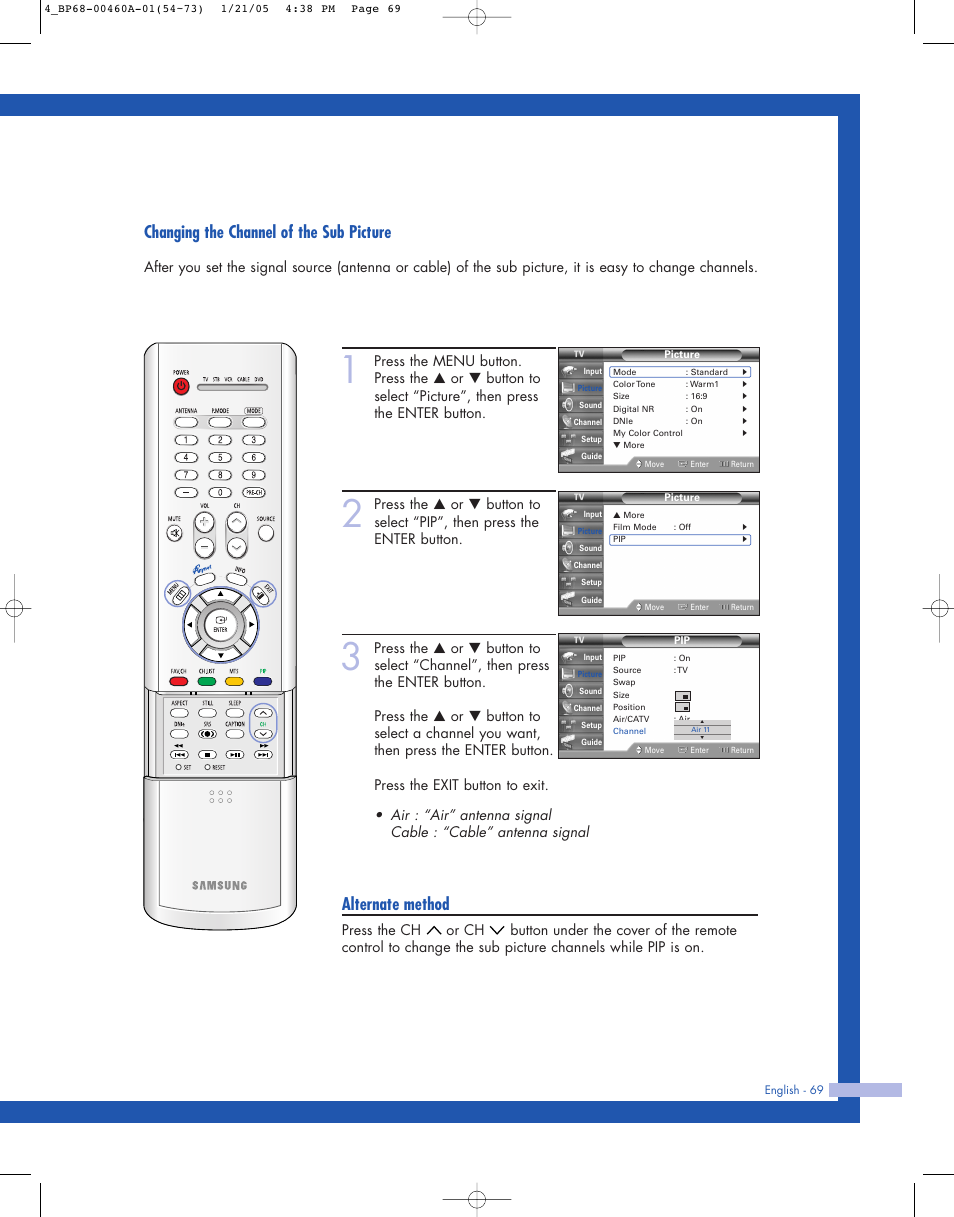 Changing the channel of the sub picture, Alternate method | Samsung HL-R4677W User Manual | Page 69 / 104