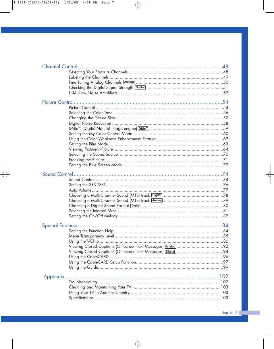 Channel control, Picture control, Sound control | Special features, Appendix | Samsung HL-R4677W User Manual | Page 7 / 104