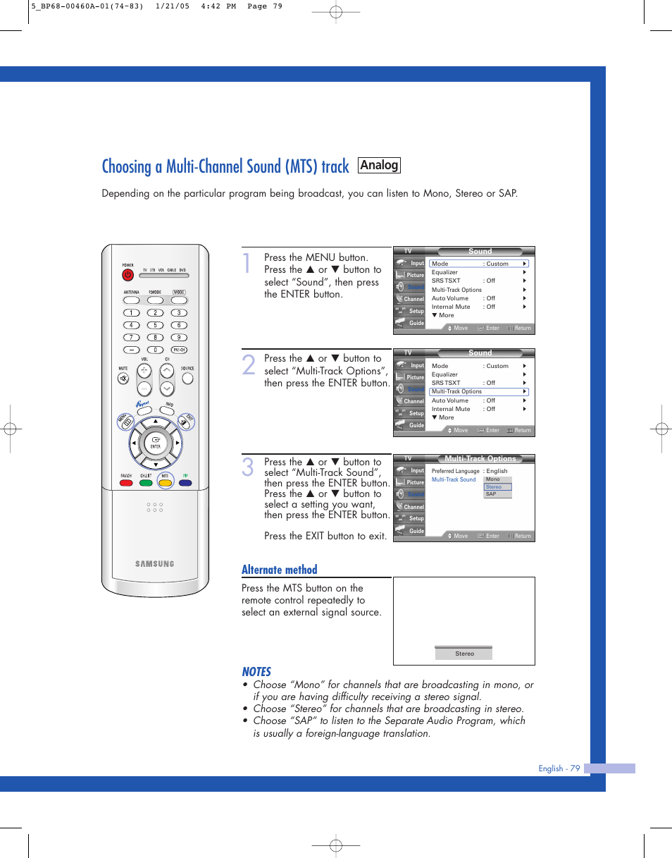 Choosing a multi-channel sound (mts) track, Analog, Alternate method | Samsung HL-R4677W User Manual | Page 79 / 104
