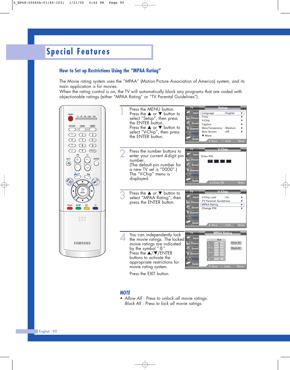 Special features, How to set up restrictions using the “mpaa rating | Samsung HL-R4677W User Manual | Page 90 / 104