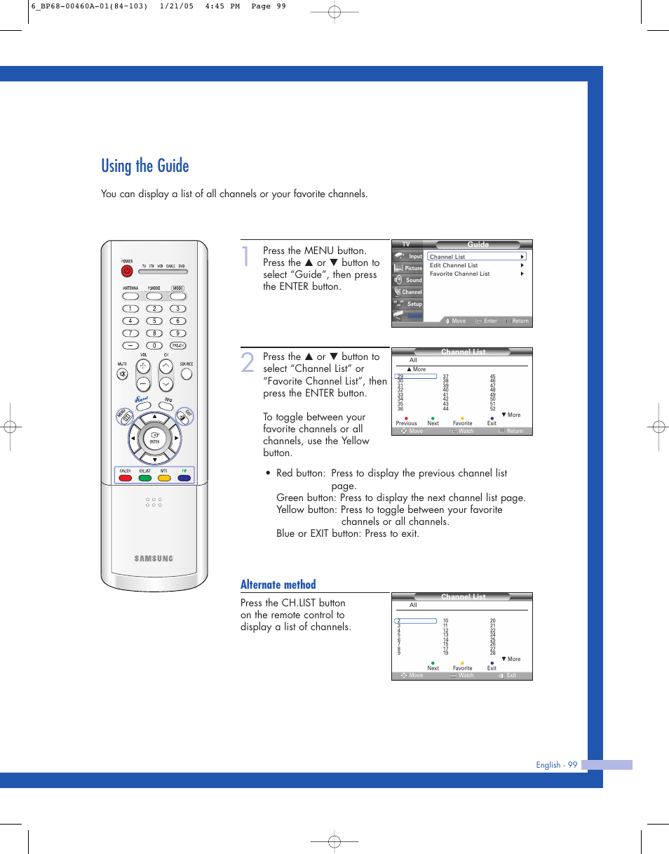 Using the guide, Alternate method | Samsung HL-R4677W User Manual | Page 99 / 104