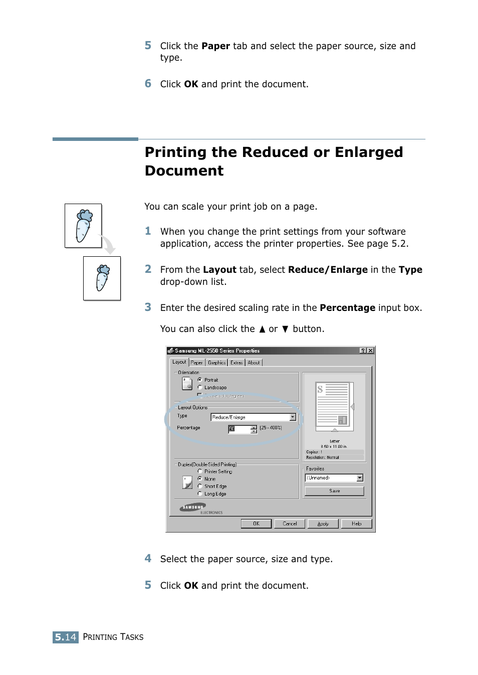 Printing the reduced or enlarged document | Samsung ML 2550 User Manual | Page 101 / 231