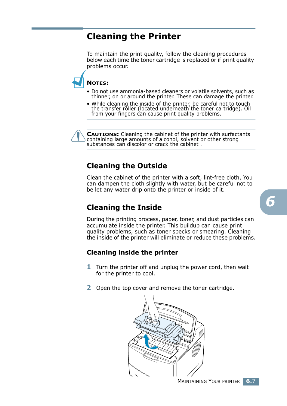 Cleaning the printer, Cleaning the outside, Cleaning the inside | Cleaning the outside cleaning the inside | Samsung ML 2550 User Manual | Page 122 / 231