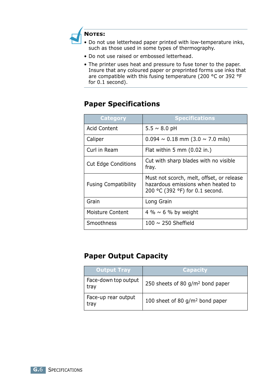Paper specifications, Paper output capacity, Paper specifications paper output capacity | Samsung ML 2550 User Manual | Page 223 / 231