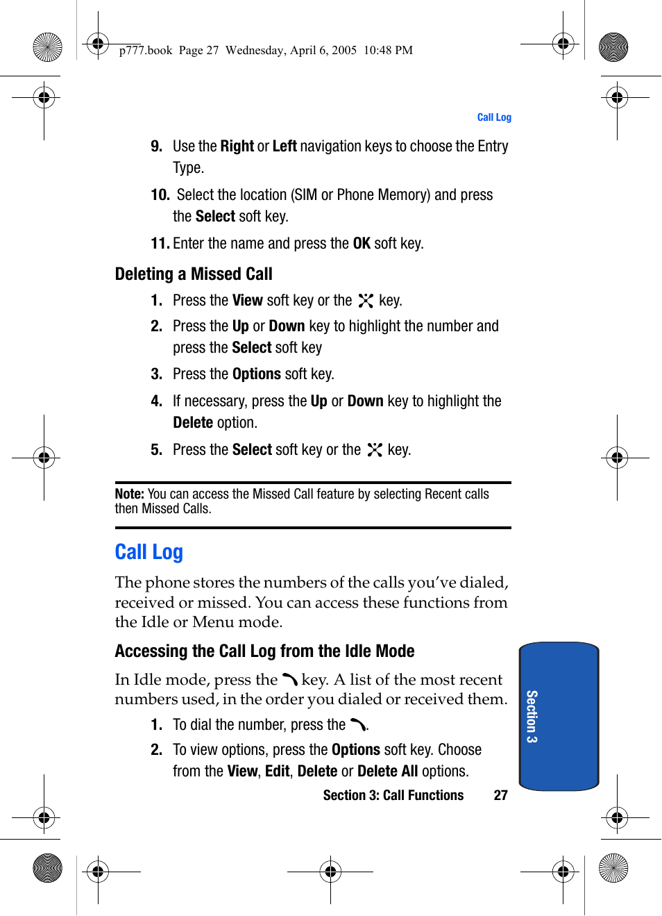 Deleting a missed call, Call log, Accessing the call log from the idle mode | Samsung P O R T A B L E T R I - M O D E T E L E P H O N E SGH-P777 User Manual | Page 31 / 205