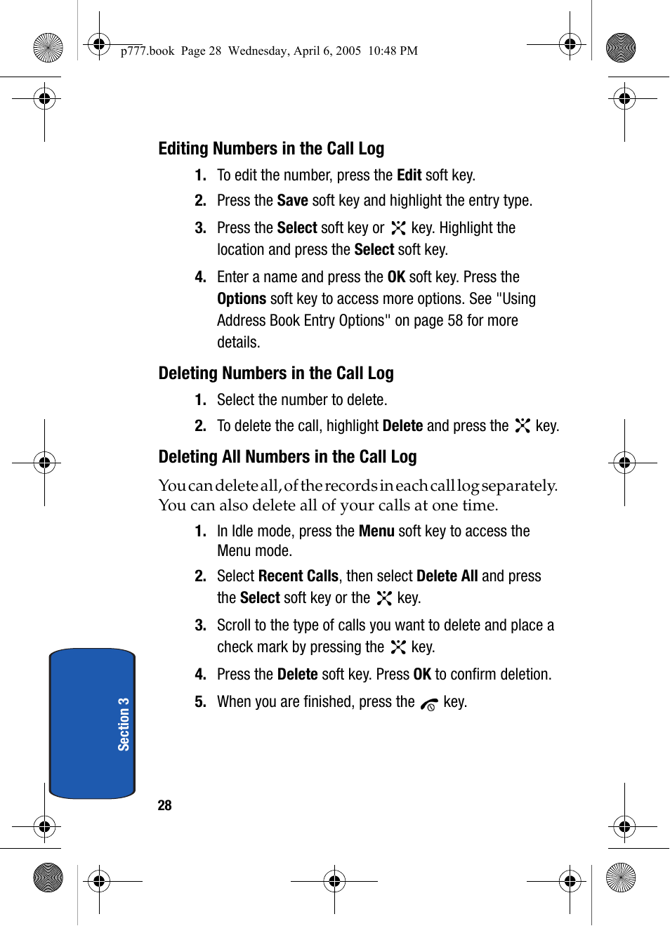 Editing numbers in the call log, Deleting numbers in the call log, Deleting all numbers in the call log | Samsung P O R T A B L E T R I - M O D E T E L E P H O N E SGH-P777 User Manual | Page 32 / 205