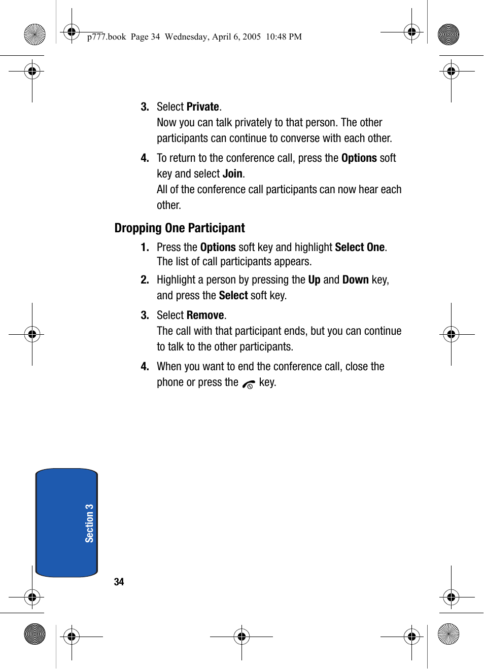 Dropping one participant | Samsung P O R T A B L E T R I - M O D E T E L E P H O N E SGH-P777 User Manual | Page 38 / 205