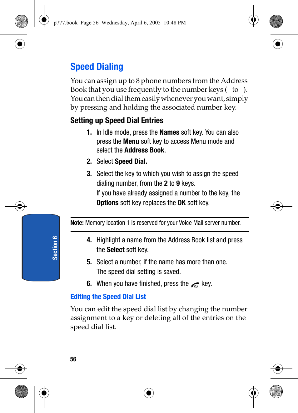 Speed dialing, Setting up speed dial entries, Editing the speed dial list | Samsung P O R T A B L E T R I - M O D E T E L E P H O N E SGH-P777 User Manual | Page 60 / 205