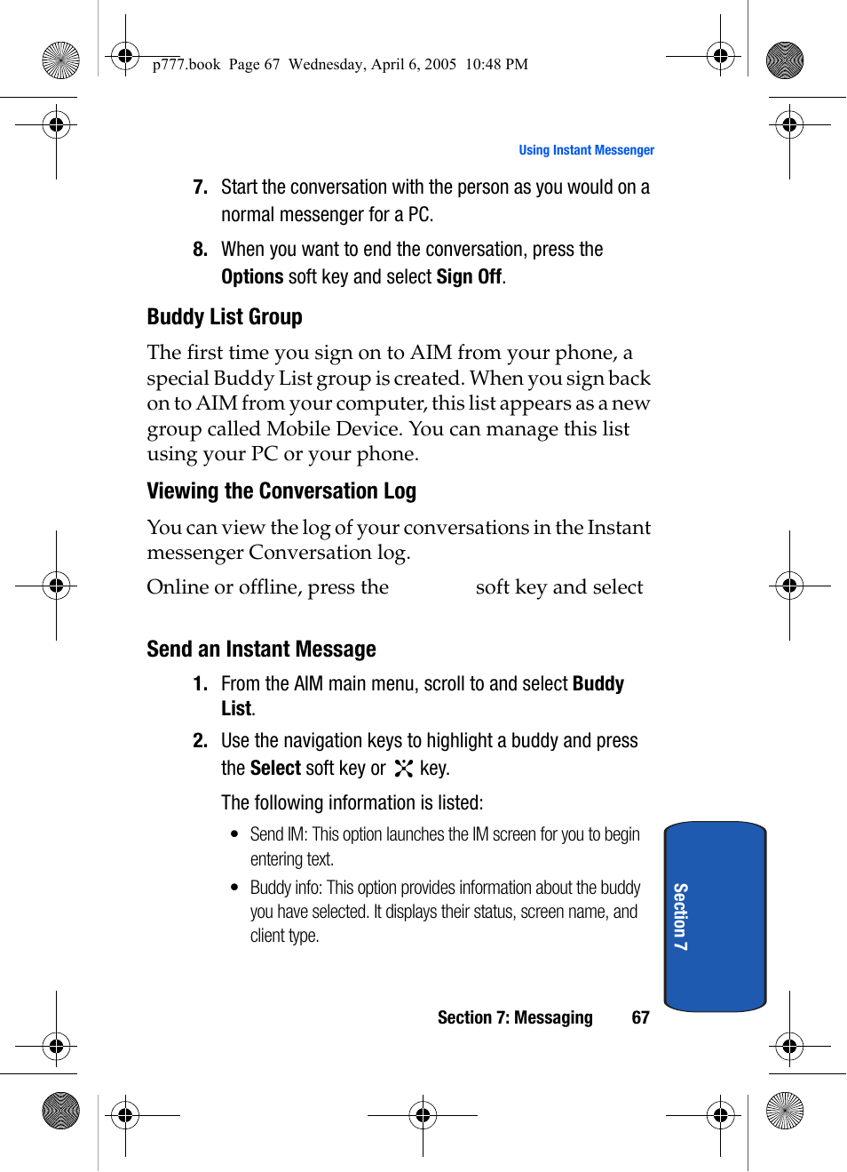Buddy list group, Viewing the conversation log, Send an instant message | Samsung P O R T A B L E T R I - M O D E T E L E P H O N E SGH-P777 User Manual | Page 71 / 205