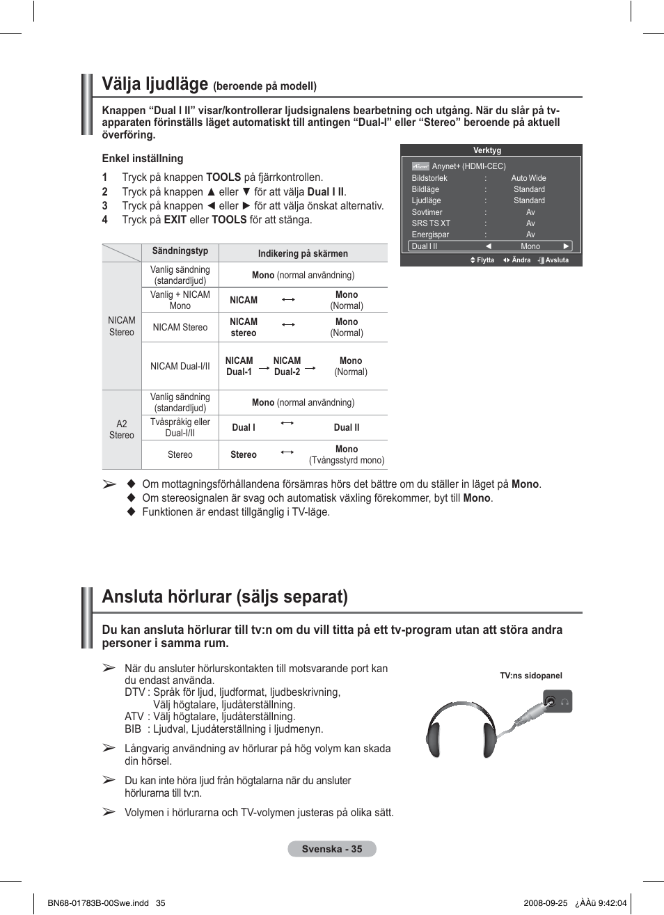 Välja ljudläge, Ansluta hörlurar (säljs separat) | Samsung BN68-01783B-00 User Manual | Page 115 / 389