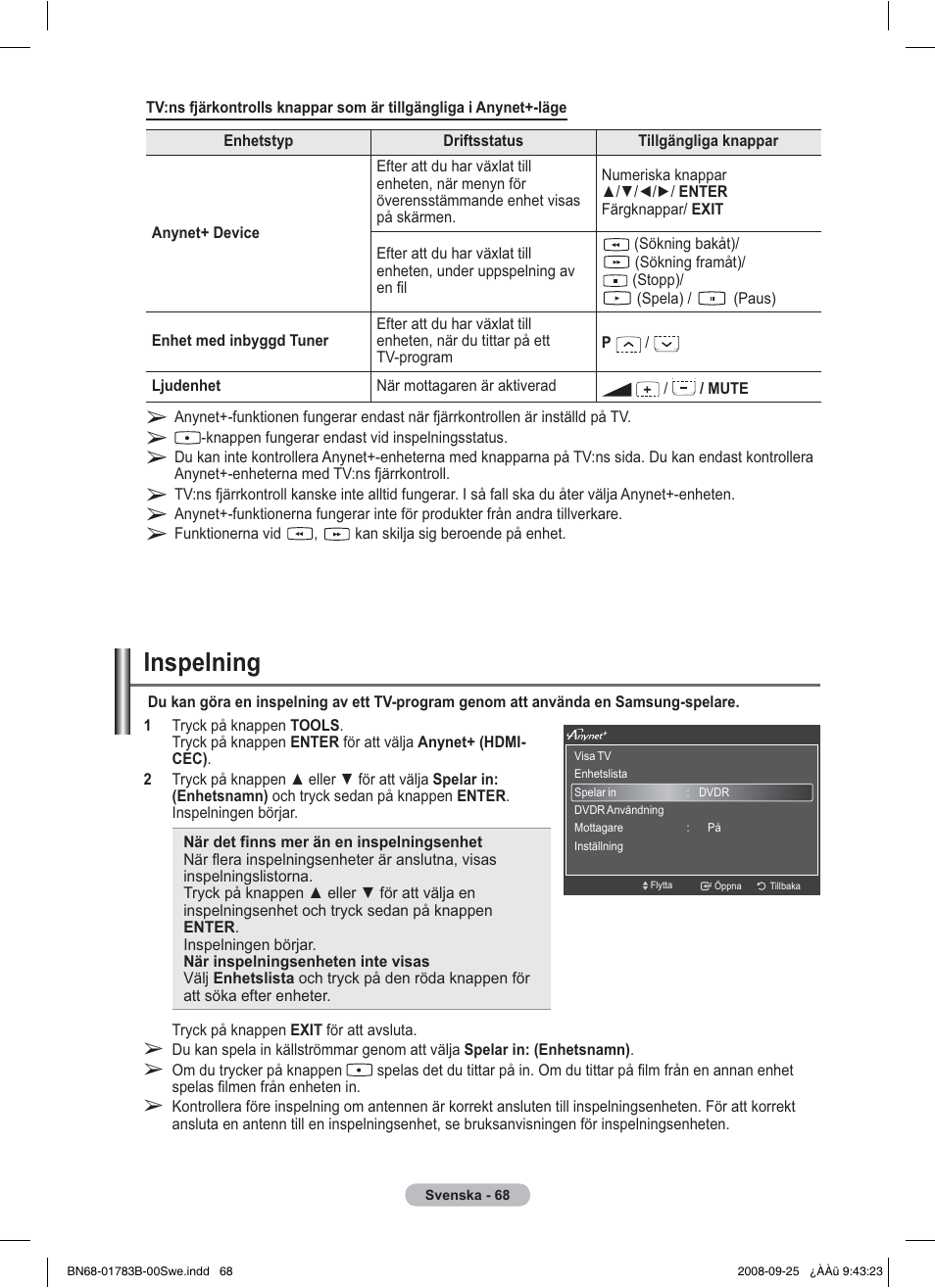 Inspelning | Samsung BN68-01783B-00 User Manual | Page 148 / 389