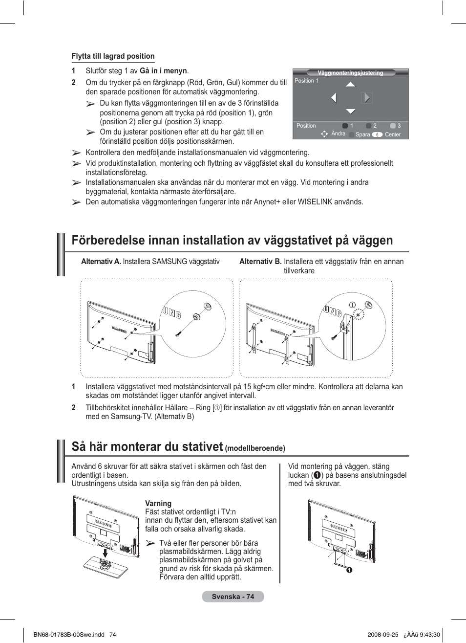 Så här monterar du stativet | Samsung BN68-01783B-00 User Manual | Page 154 / 389