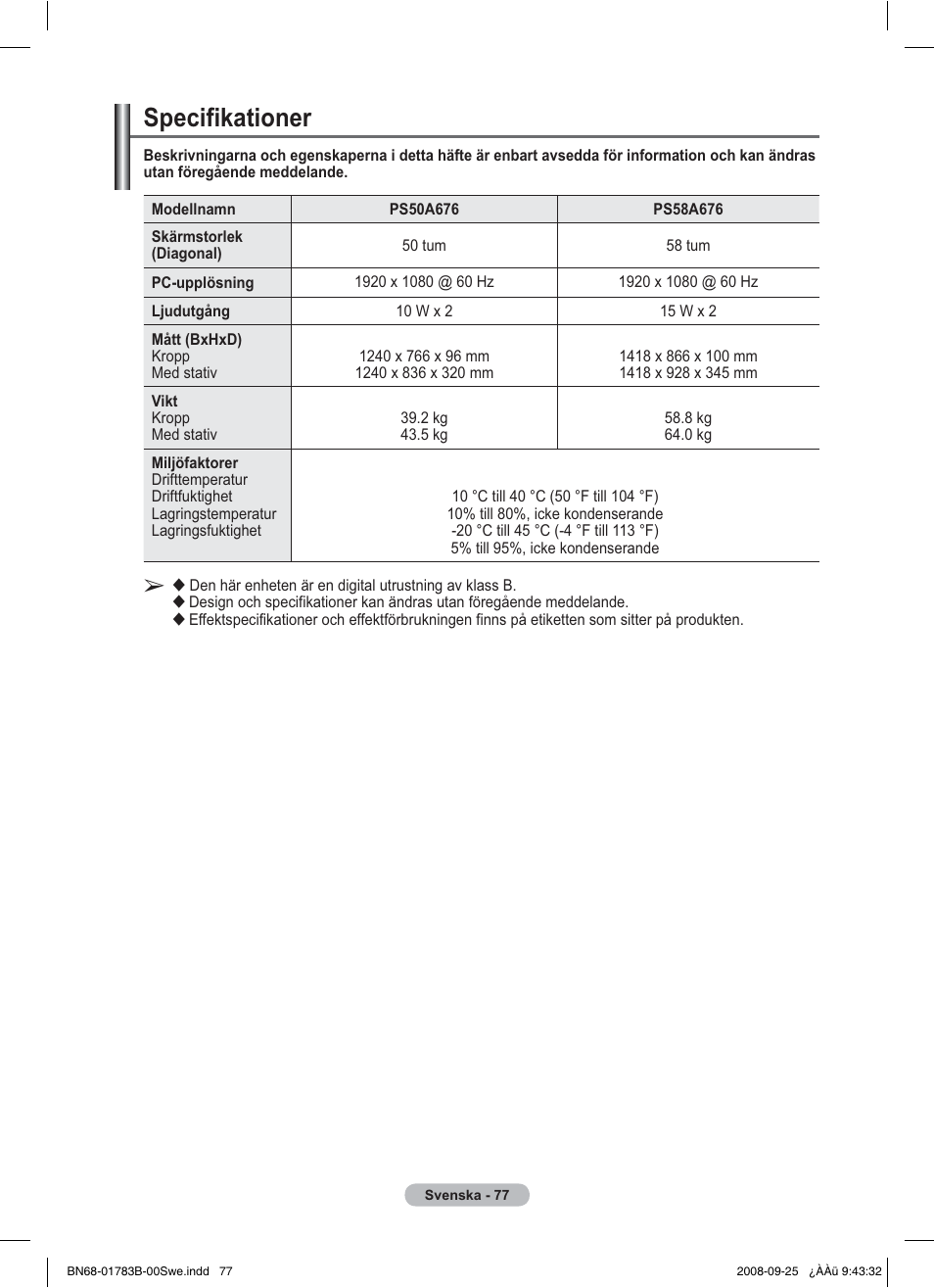 Specifikationer | Samsung BN68-01783B-00 User Manual | Page 157 / 389
