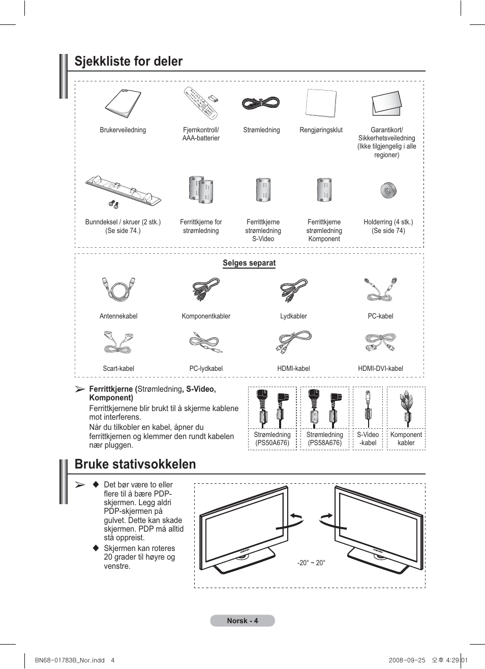 Sjekkliste for deler, Bruke stativsokkelen | Samsung BN68-01783B-00 User Manual | Page 161 / 389