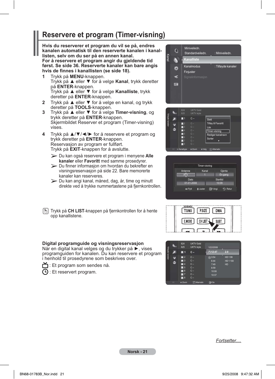 Reservere et program (timer-visning), Norsk - 21 | Samsung BN68-01783B-00 User Manual | Page 178 / 389
