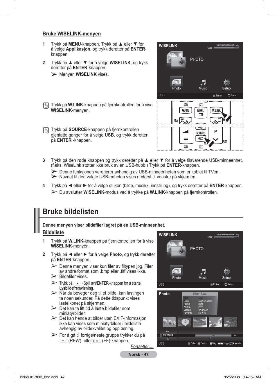 Bruke bildelisten, Bruke wiselink-menyen, Bildeliste | Samsung BN68-01783B-00 User Manual | Page 204 / 389