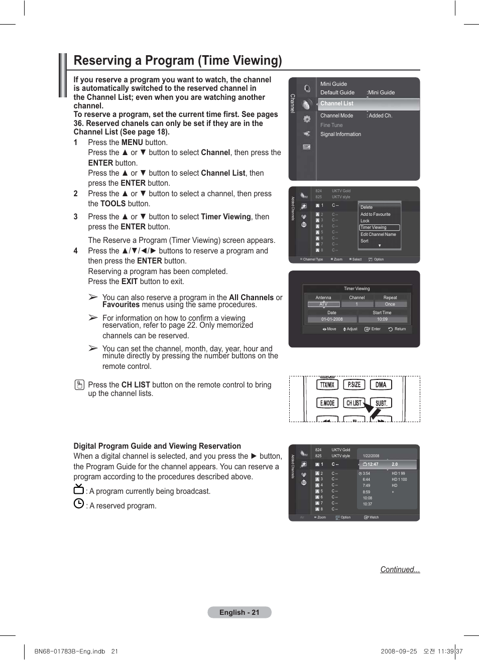 Reserving a program (time viewing), English - 21 | Samsung BN68-01783B-00 User Manual | Page 21 / 389