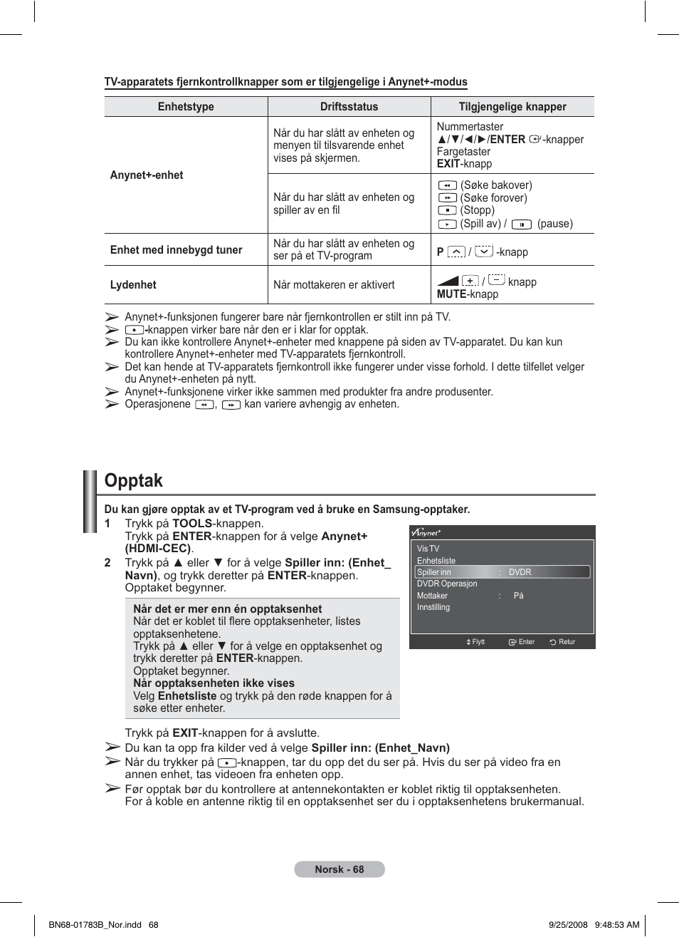 Opptak | Samsung BN68-01783B-00 User Manual | Page 225 / 389
