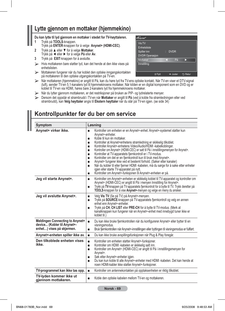 Kontrollpunkter før du ber om service, Lytte gjennom en mottaker (hjemmekino) | Samsung BN68-01783B-00 User Manual | Page 226 / 389