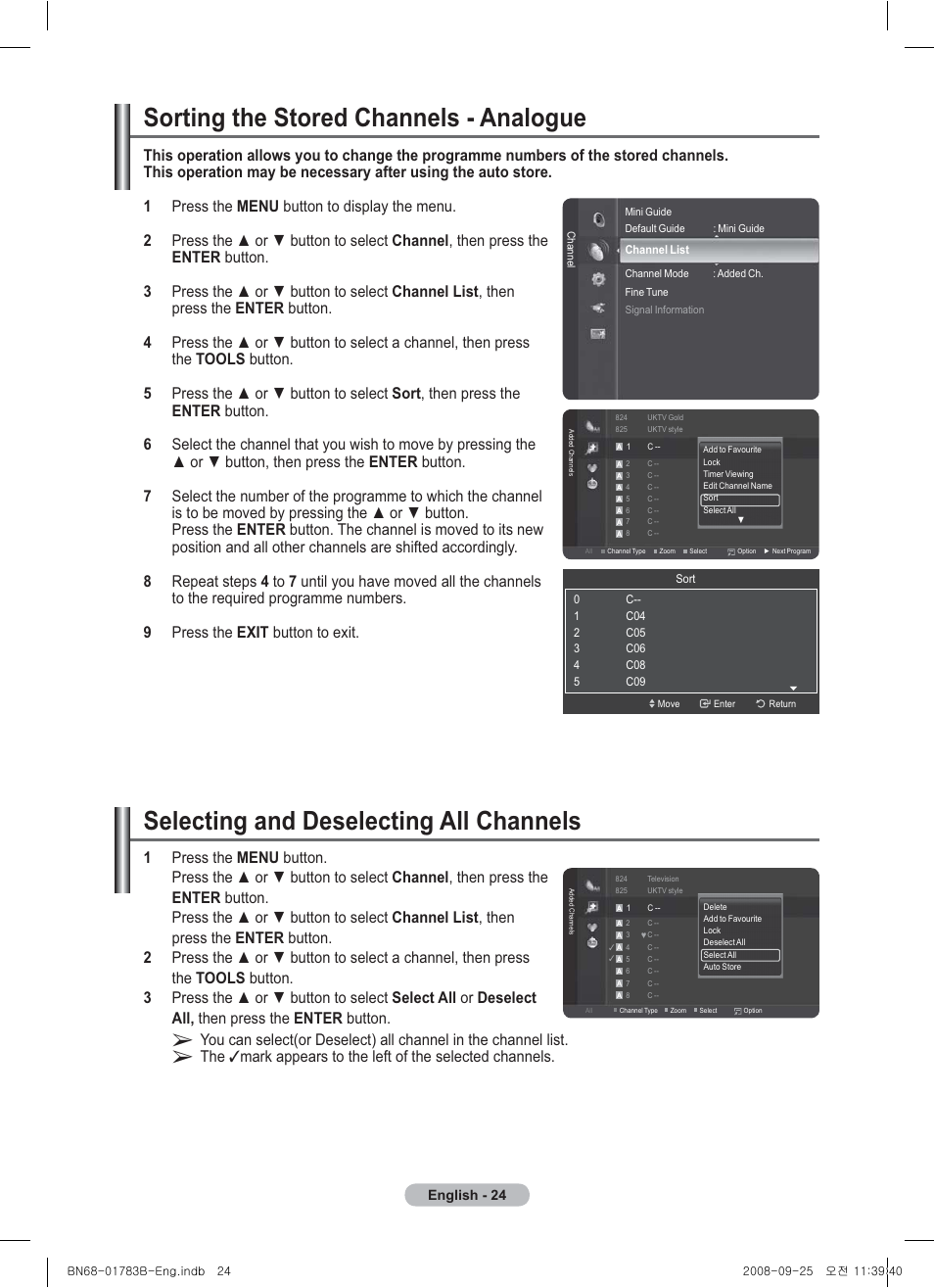 Sorting the stored channels - analogue, Selecting and deselecting all channels | Samsung BN68-01783B-00 User Manual | Page 24 / 389