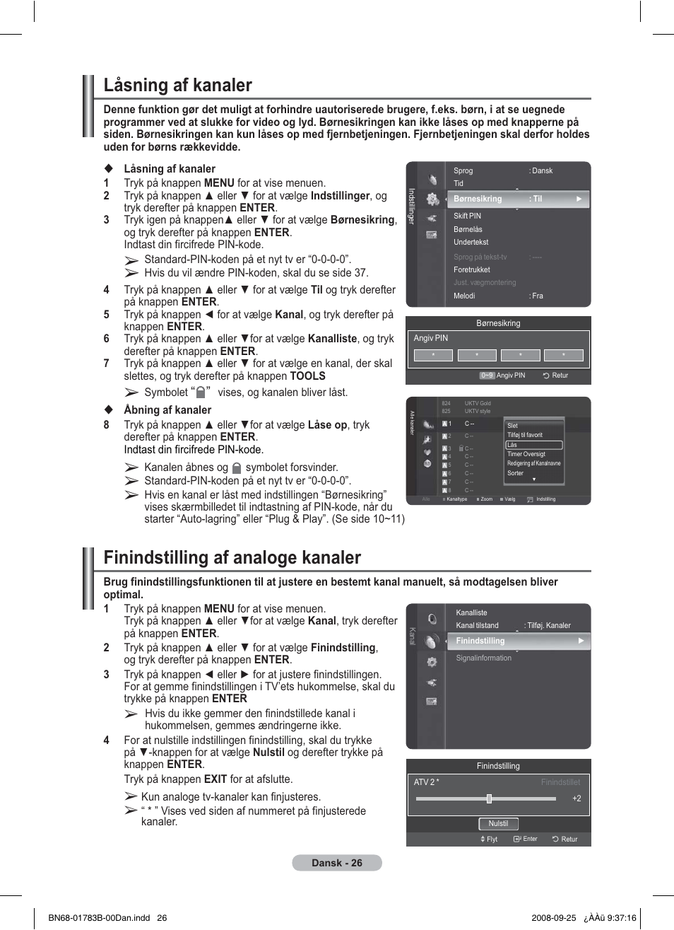 Låsning af kanaler, Finindstilling af analoge kanaler | Samsung BN68-01783B-00 User Manual | Page 260 / 389