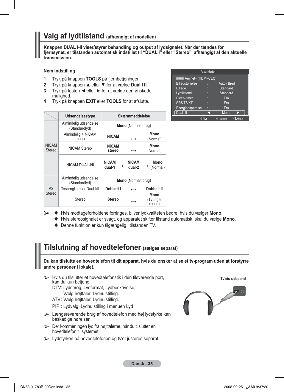 Valg af lydtilstand, Tilslutning af hovedtelefoner | Samsung BN68-01783B-00 User Manual | Page 269 / 389