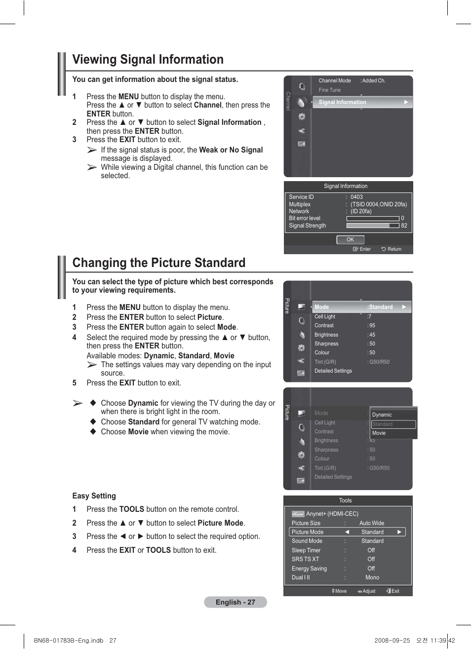 Viewing signal information, Changing the picture standard | Samsung BN68-01783B-00 User Manual | Page 27 / 389