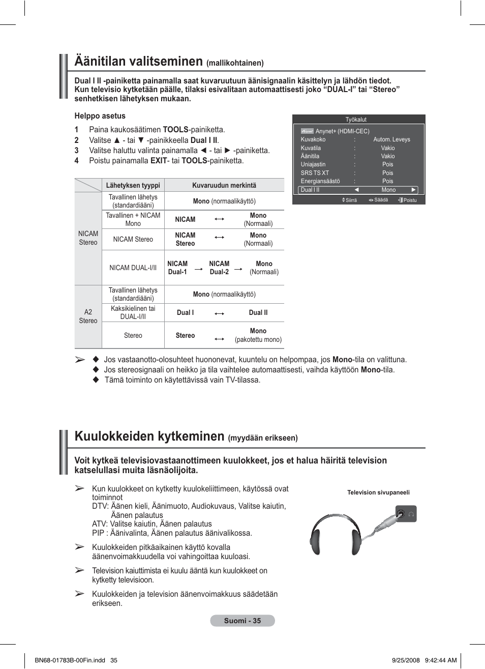 Äänitilan valitseminen, Kuulokkeiden kytkeminen | Samsung BN68-01783B-00 User Manual | Page 346 / 389
