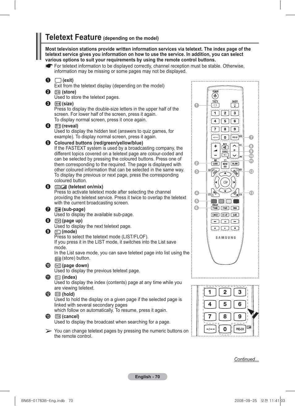 Teletext feature (depending on the model), Teletext feature | Samsung BN68-01783B-00 User Manual | Page 70 / 389