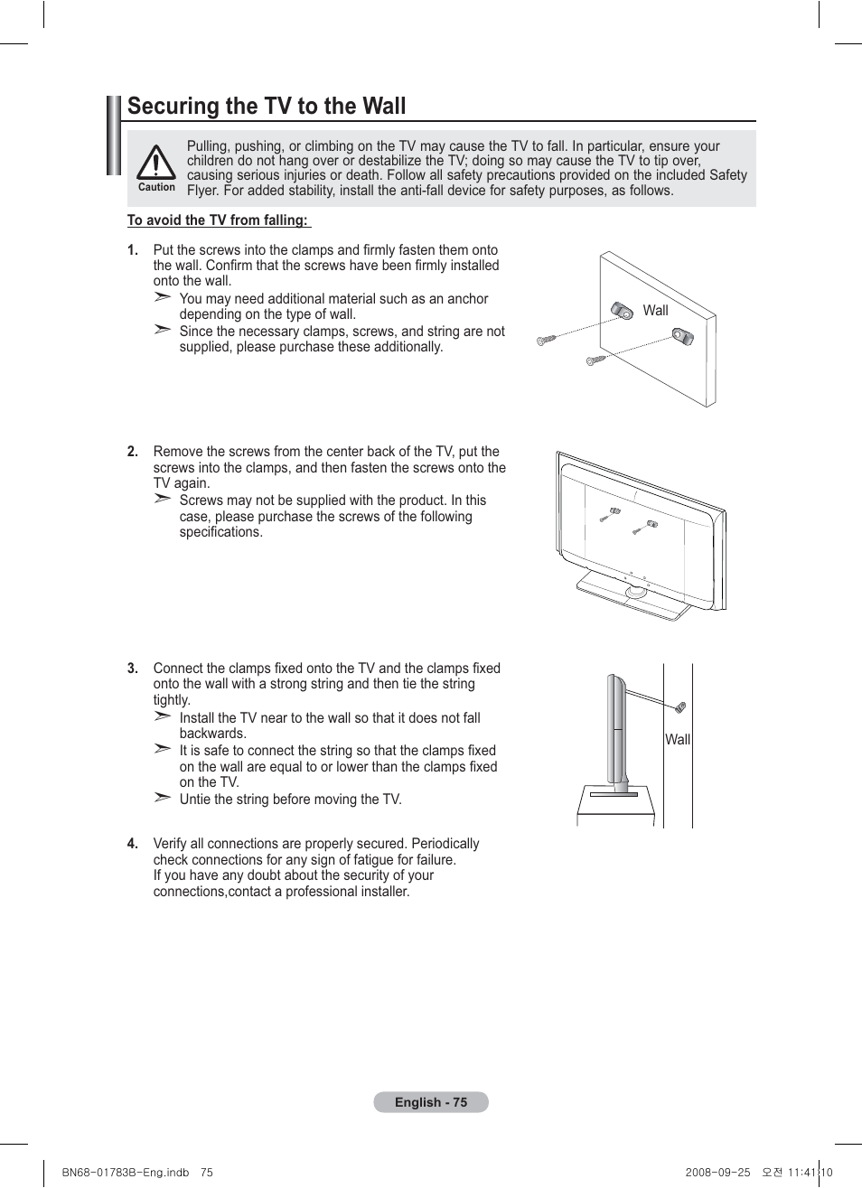 Securing the tv to the wall | Samsung BN68-01783B-00 User Manual | Page 75 / 389