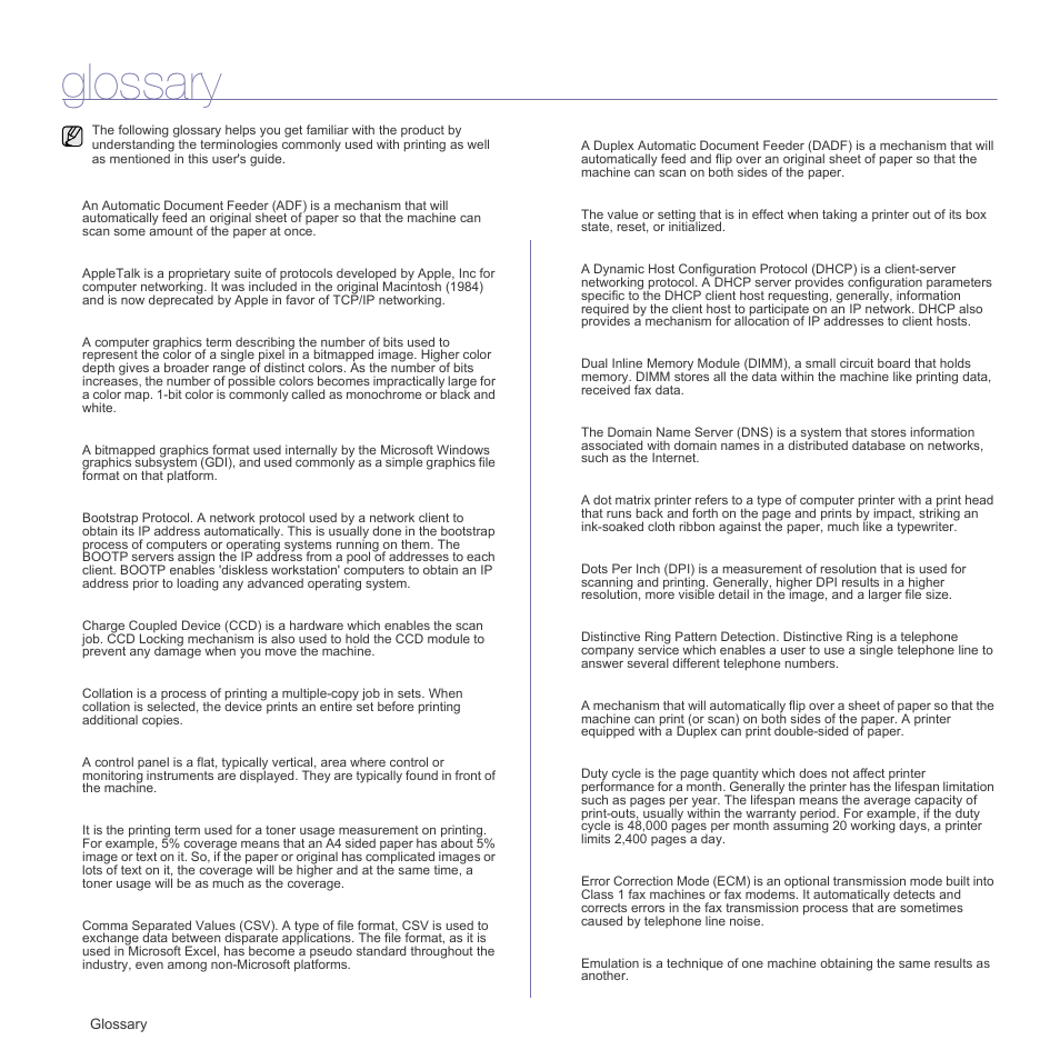 Glossary | Samsung SCX-4X26 User Manual | Page 84 / 139