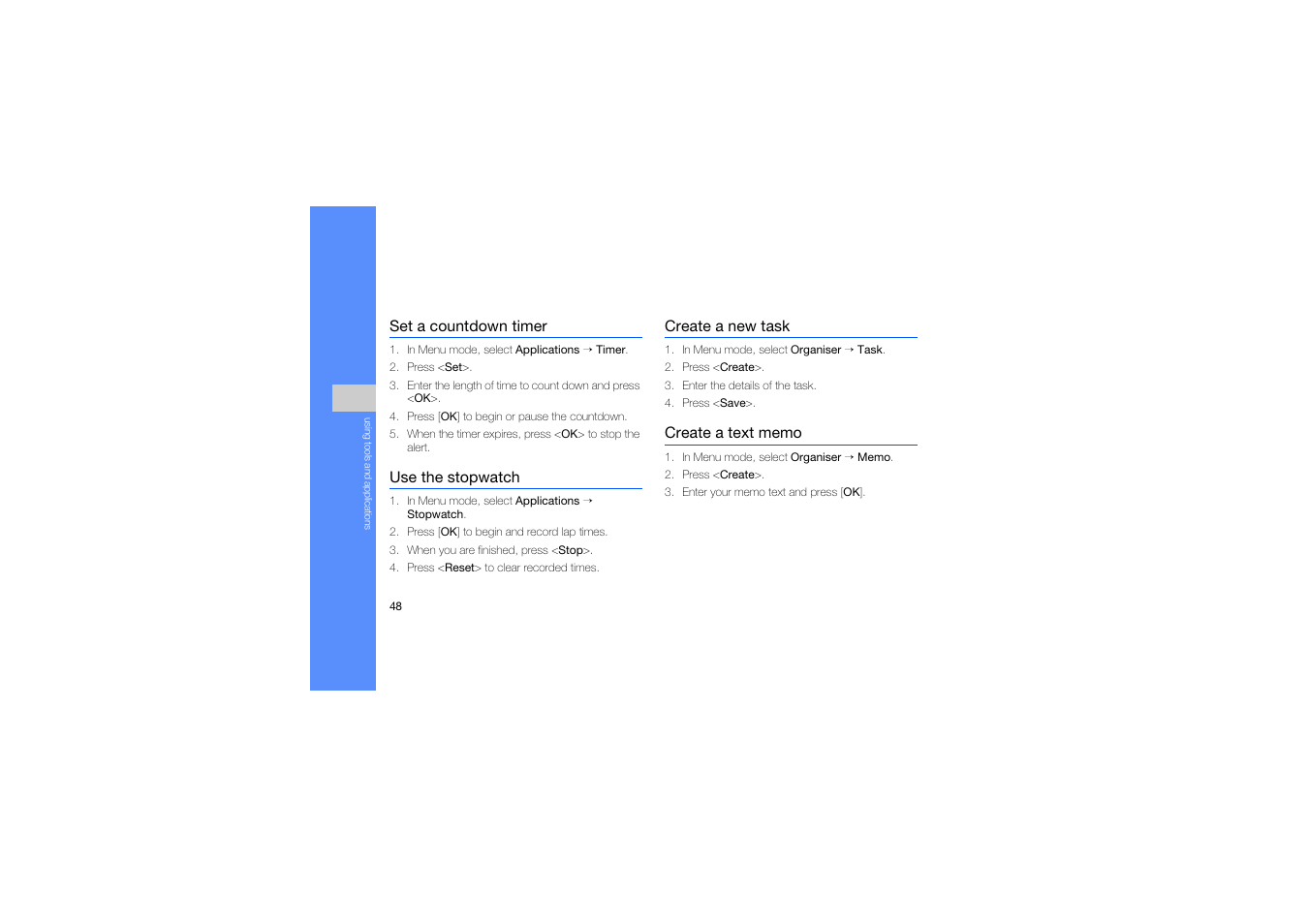 Set a countdown timer, Use the stopwatch, Create a new task | Create a text memo | Samsung C5212 User Manual | Page 53 / 57