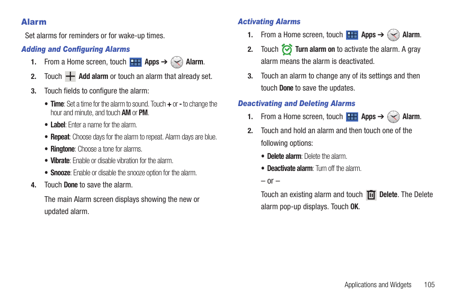 Alarm | Samsung Galaxy Tab 8.9 User Manual | Page 109 / 188