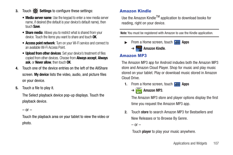 Amazon kindle, Amazon mp3, Amazon kindle amazon mp3 | For more information, refer to “amazon mp3 | Samsung Galaxy Tab 8.9 User Manual | Page 111 / 188