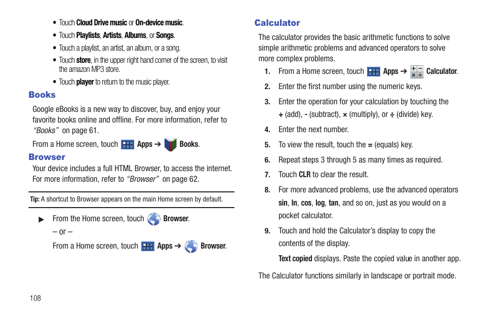 Books, Browser, Calculator | Books browser calculator, P. for more information, refer to “calculator | Samsung Galaxy Tab 8.9 User Manual | Page 112 / 188
