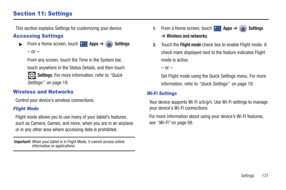 Section 11: settings, Accessing settings, Wireless and networks | Accessing settings wireless and networks, For more information, refer to, I. for more information, refer to “wi-fi settings, For more information, refer, For more, S. for | Samsung Galaxy Tab 8.9 User Manual | Page 135 / 188