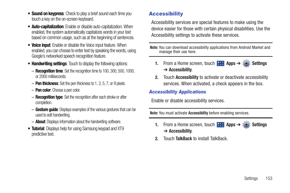 Accessibility | Samsung Galaxy Tab 8.9 User Manual | Page 157 / 188