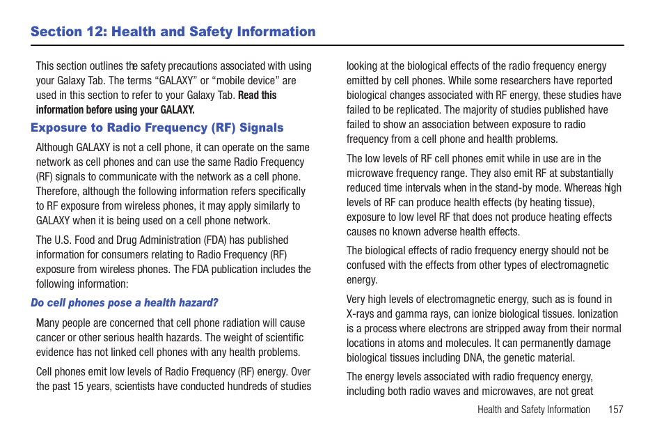Section 12: health and safety information, Exposure to radio frequency (rf) signals | Samsung Galaxy Tab 8.9 User Manual | Page 161 / 188