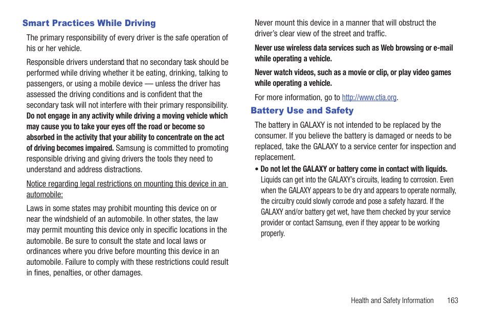Smart practices while driving, Battery use and safety | Samsung Galaxy Tab 8.9 User Manual | Page 167 / 188