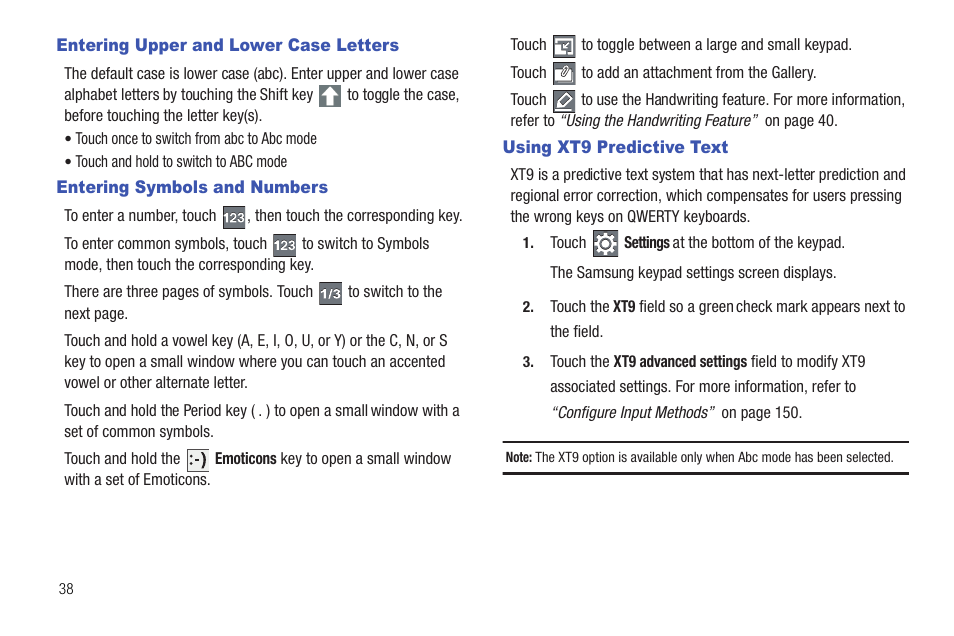 Entering upper and lower case letters, Entering symbols and numbers, Using xt9 predictive text | Samsung Galaxy Tab 8.9 User Manual | Page 42 / 188