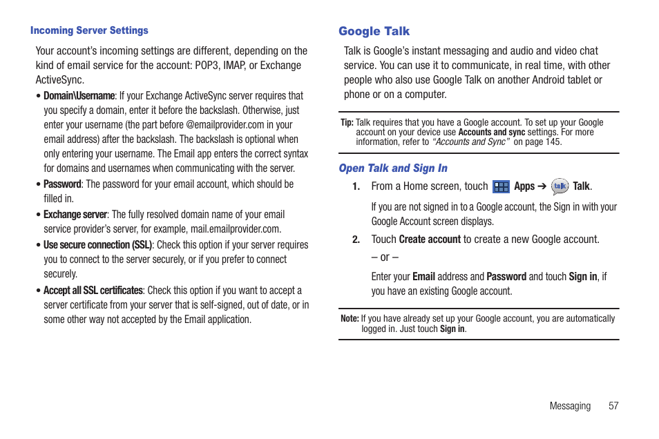 Google talk, For more | Samsung Galaxy Tab 8.9 User Manual | Page 61 / 188